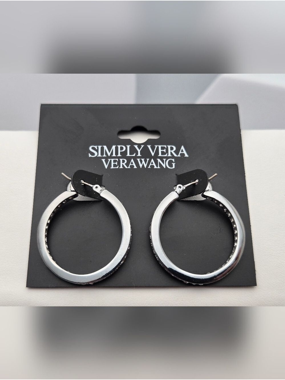 Simply Vera Vera Wang Silver Tone Hoop Earrings CZ Accent 1" Classic New